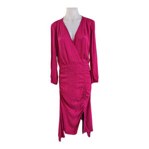 Krisa Sz Medium Surplice Sheath Dress Pink Front Slit Ruched V Neck Long Sleeve